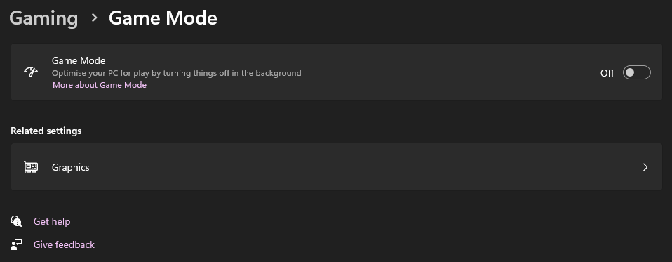 Windows Settings — Gaming → Game Mode page with the toggle set to Off