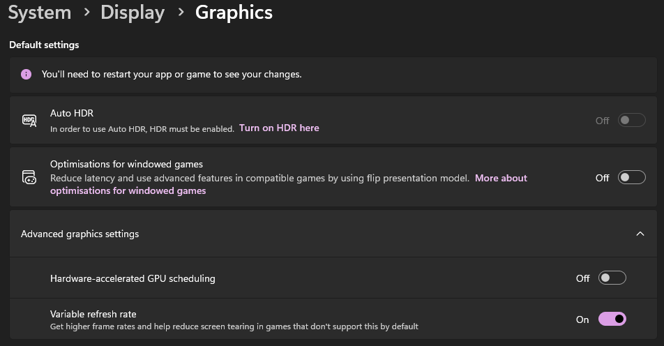 Windows Settings — System → Display → Graphics with Optimisations for windowed games and Hardware-accelerated GPU scheduling toggled Off